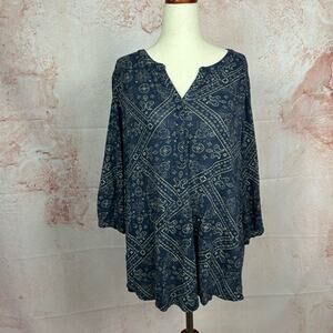 LUCKY BRAND boho western navy blue top size 1X bandana print festival shirt
